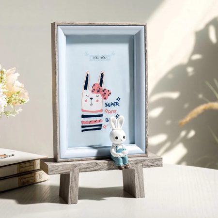 Cute Cartoon Rabbit Wooden Photo Frame – Kids Table Frame with Glass Cover | Animal Design Picture Holder for Nursery & Gifting